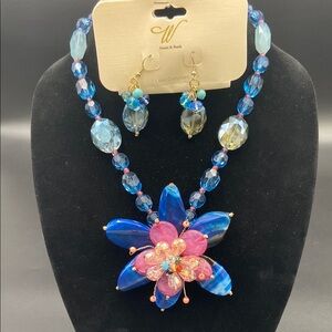 Brown, Pink & Blue Statement 4” Flower Centerpiece Necklace Set W Stones & Beads